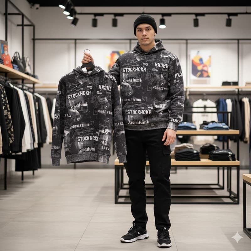 هودی طرحدار مردانه مشکی مدل stock